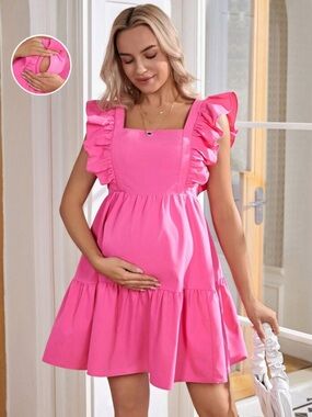 Hot Pink Ruffle Strap Maternity Hidden Zipper Nursing Access
